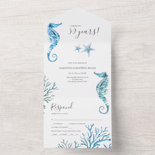 水彩のタツノオトシゴ 50周年記念結婚式 オールインワン招待状 (内側)