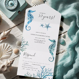 水彩のタツノオトシゴ 50周年記念結婚式 オールインワン招待状