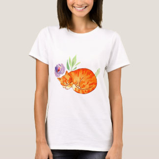 水彩のタビー猫が織りなす、植物と静けさの眠り Tシャツ
