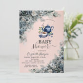 水彩のティーポット 青いブルーベリーの花 赤ちゃんのお披露目パーティー 招待状 (スタンド正面)