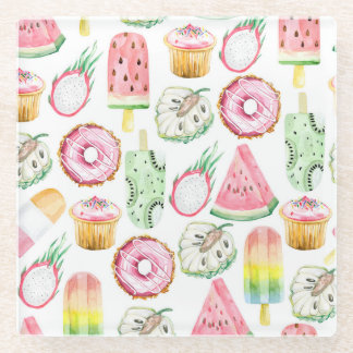 水彩のトロピカルフルーツ、アイスクリームのパターン。 ガラスコースター