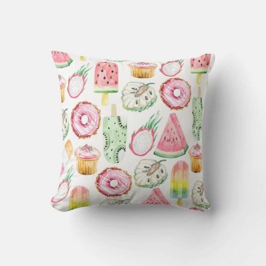 水彩のトロピカルフルーツ、アイスクリームのパターン。 クッション (正面)