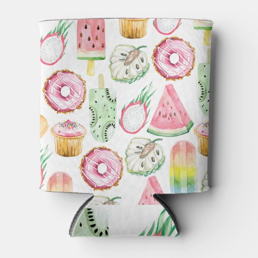 水彩のトロピカルフルーツ、アイスクリームのパターン。 缶クーラー (正面)