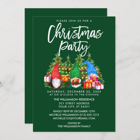 水彩のノーム ライト クリスマス パーティー 緑 招待状 (正面/裏面)
