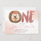 水彩のハリネズミ　1歳の誕生日 招待状 (正面)