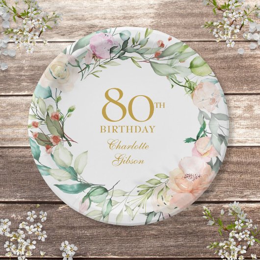 水彩のバラのガーランド 80歳の誕生日パーティー ペーパープレート