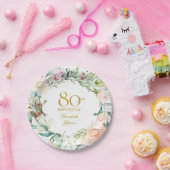 水彩のバラのガーランド 80歳の誕生日パーティー ペーパープレート (パーティー)