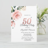 水彩のバラのピンク色 50歳の誕生日 招待状 (スタンド正面)