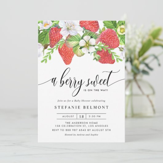 水彩のバラの甘いイチゴのベイビーシャワー 招待状 (スタンド正面)