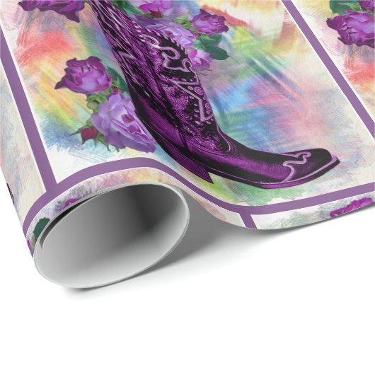 水彩のバラ付き紫色のカウボーイブーツ ラッピングペーパー (ロールコーナー)