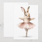 水彩のバレリーナうさぎがタン色の背景にピンクのチュチュを着て踊る 招待状 (正面/裏面)