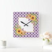 水彩のヒマワリ、紫の幾何模様 スクエア壁時計 (ホーム)