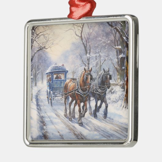 水彩のビクトリアンクリスマス車乗り メタルオーナメント (左)