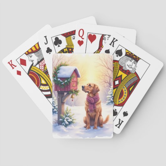 水彩のブラッドハウンドが飾られたカントリー風の郵便箱のクリスマスカード トランプ (裏面)
