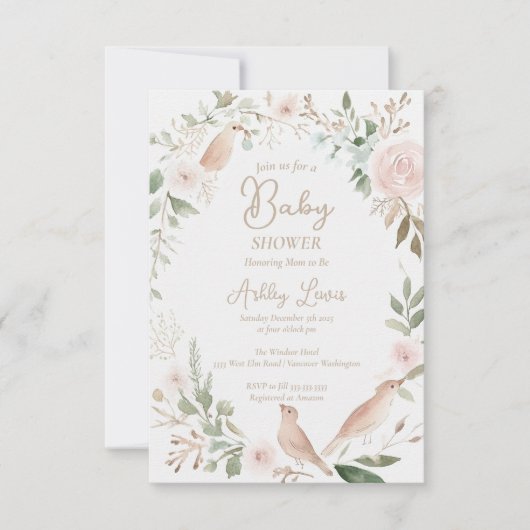 水彩のベイビー鳥と花の葉のベイビーシャワー 招待状 (正面)