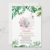 水彩のベビースワンと葉の1歳の誕生日 招待状 (正面)