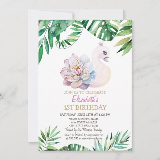 水彩のベビースワンと葉の1歳の誕生日 招待状 (正面)