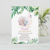 水彩のベビースワンと葉の1歳の誕生日 招待状 (スタンド正面)