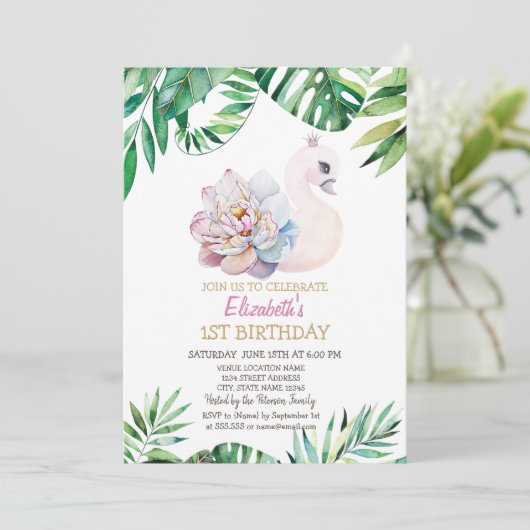 水彩のベビースワンと葉の1歳の誕生日 招待状 (スタンド正面)