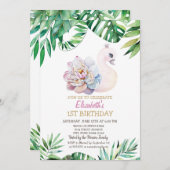 水彩のベビースワンと葉の1歳の誕生日 招待状 (正面/裏面)