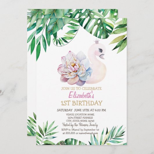 水彩のベビースワンと葉の1歳の誕生日 招待状 (正面/裏面)