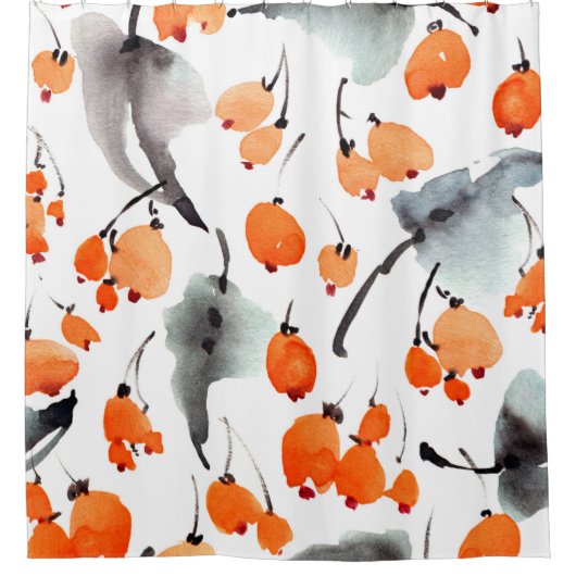 水彩のベリーと葉イラストレーション シャワーカーテン (正面)