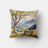 水彩のベンチと山のシーン クッション (正面)