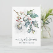 水彩のホリーとオーナメントのクリスマス シーズンカード (スタンド正面)