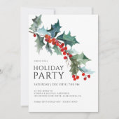 水彩のホリーとベリーのフェスティブなホリデーパーティー 招待状 (正面)