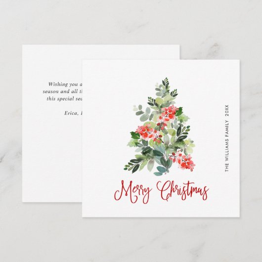 水彩のホリーデイ ベリー クリスマスツリー グリーティング シーズンカード (正面/裏面)