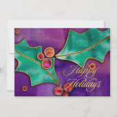 水彩のホリーデコレーション 紫 緑 赤 ハッピー シーズンカード (正面)