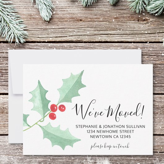 水彩のホリーデザインの引っ越しお知らせカード 案内状