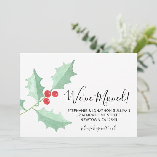 水彩のホリーデザインの引っ越しお知らせカード 案内状 (スタンド正面)