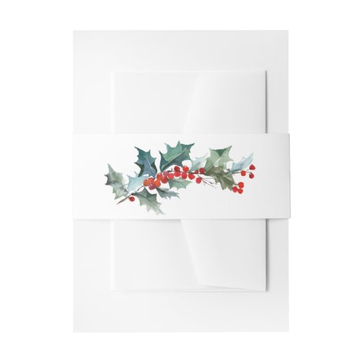 水彩のホリーブランチの植物画 招待状ベリーバンド (正面例)