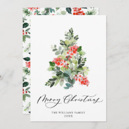水彩のホリーベリーのクリスマスツリーの挨拶 シーズンカード