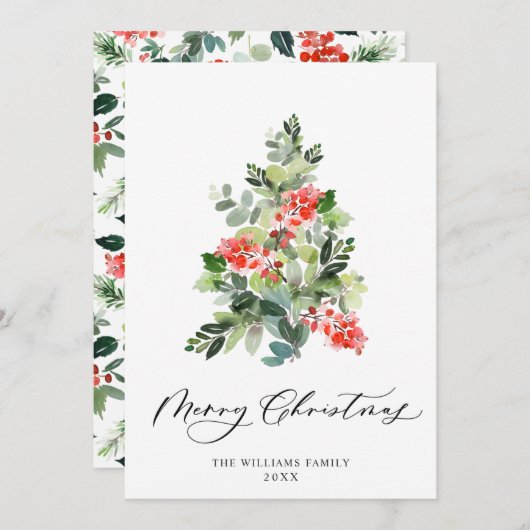 水彩のホリーベリーのクリスマスツリーの挨拶 シーズンカード (正面/裏面)