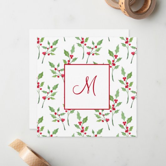 水彩のホーリーの枝の模様 ノートカード (正面/裏面インサイチュ)