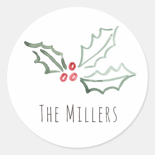 水彩のホーリー　パーソナルなクリスマス　ホリデー ラウンドシール (正面)