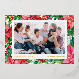 水彩のポインセチアとバラの実 ハッピーホリデイズ 箔シーズンカード