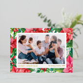 水彩のポインセチアとベリー　楽しいクリスマスを 箔シーズンカード (立ち正面)