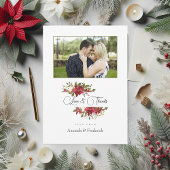 水彩のポインセチアとホーリーのクリスマス写真 サンキューカード