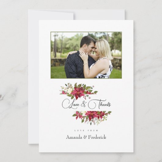 水彩のポインセチアとホーリーのクリスマス写真 サンキューカード (正面)