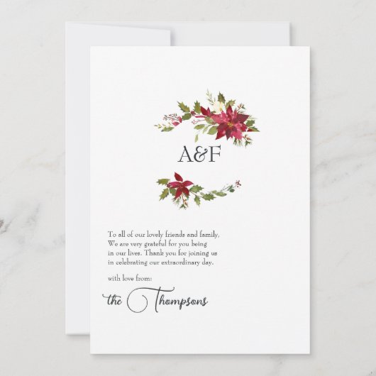 水彩のポインセチアとホーリーのクリスマス写真 サンキューカード (裏面)