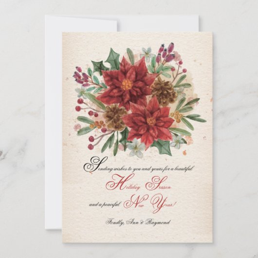 水彩のポインセチアと松ぼっくり カード (正面)