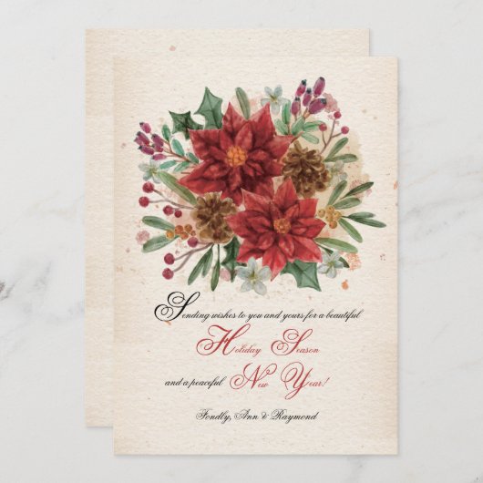 水彩のポインセチアと松ぼっくり カード (正面/裏面)