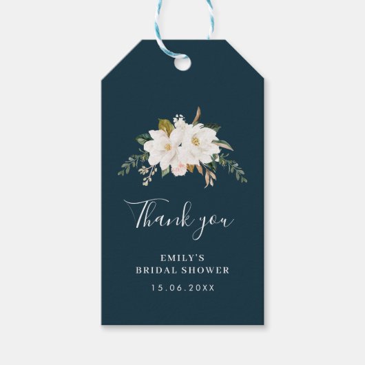 水彩のマグノリアブルーの花のウェディングシャワー ギフトタグ (正面)