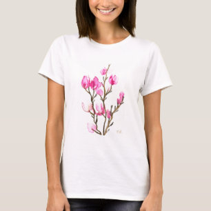 水彩のマグノリア 花の母 優雅なピンク Tシャツ