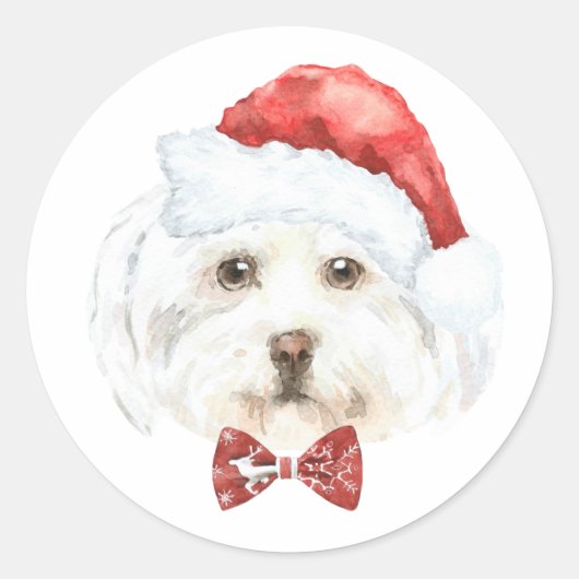 水彩のマルタ犬がサンタ帽を被ったクリスマス ラウンドシール (正面)