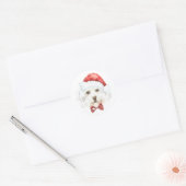 水彩のマルタ犬がサンタ帽を被ったクリスマス ラウンドシール (封筒)