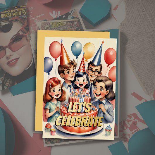 水彩のユーモアあふれるコミックの誕生日シーン 箔招待状